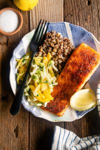 Broiled Salmon with Slaw and Grains