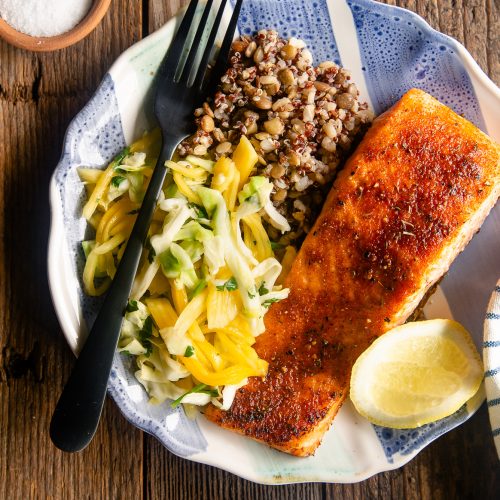 Broiled Salmon with Slaw and Grains